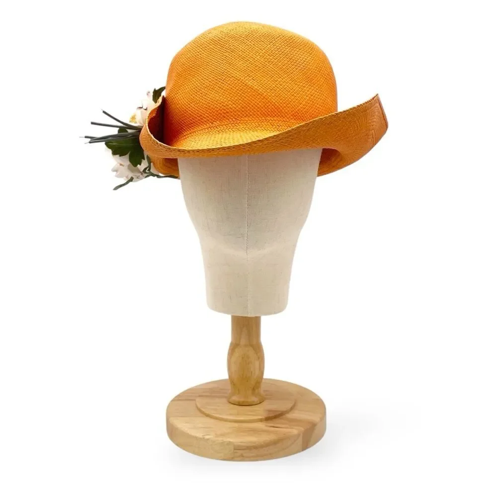 Vintage 1960s Madcaps Orange Straw Hat White Blossom Flower Pin Trim Wide Brim - Picture 6 of 16